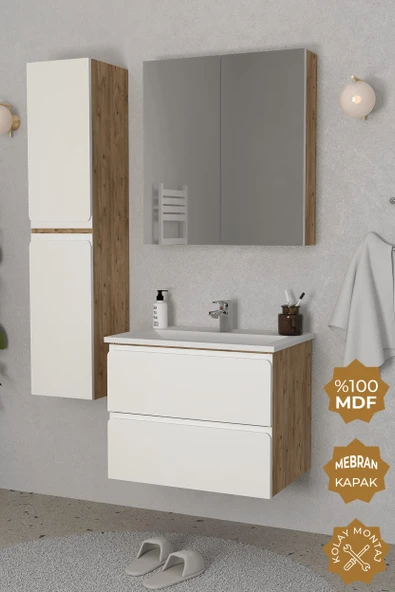 Teta Home Granada 80 cm MDF Gövde Membran Kapak Banyo Dolabı Seti + Boy Dolabı  Atlantik Çam- Beyaz ürün görseli 1