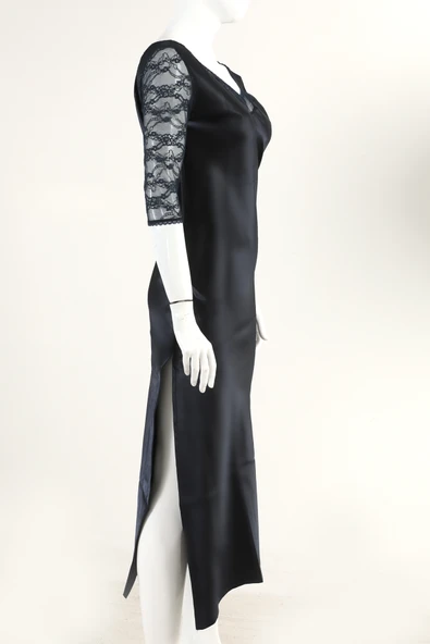 Doremi Dantel Kollu Yırtmaçlı Saten Maksi Gecelik - Resim 4