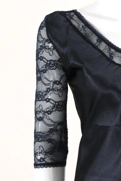 Doremi Dantel Kollu Yırtmaçlı Saten Maksi Gecelik - Resim 2