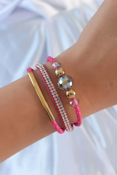 Pembe Renk Zirkon Taşlı Deri Çoklu Bileklik - TJ-BB6352 ürün görseli 1