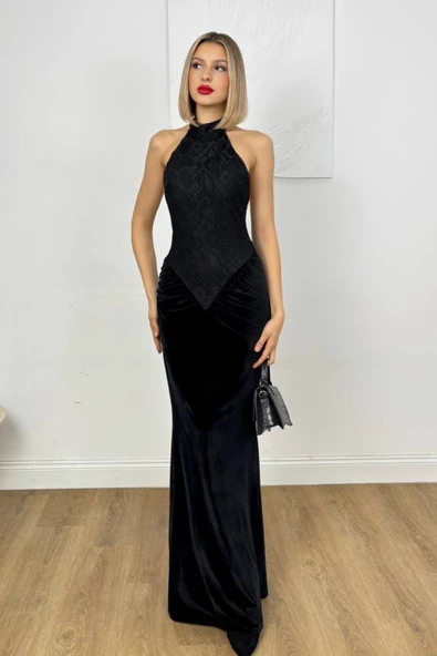 Luks Kadife Balık Modeli Boyundan Bağlamalı Uzun Abiye Elbise - Resim 2