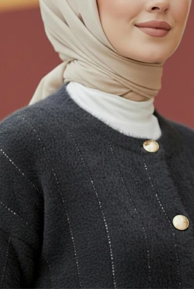 Simli Çizgili Uzun Tesettür Hırka - Resim 2