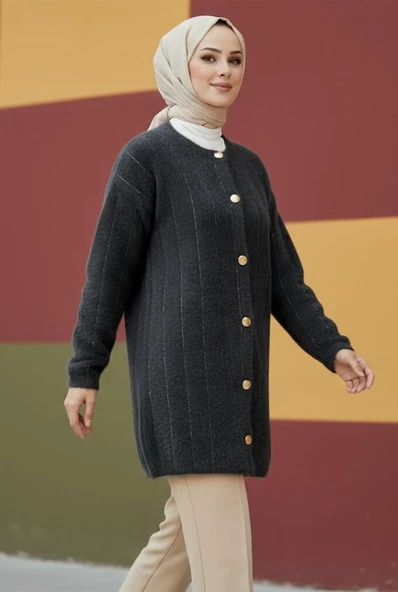 Simli Çizgili Uzun Tesettür Hırka - Resim 5