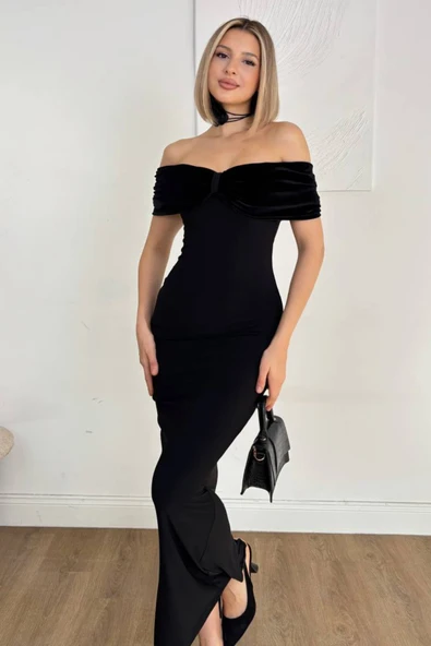 Kadife Etekli Boyundan Bağlamalı Dantel/Jakar Uzun Abiye - Resim 3