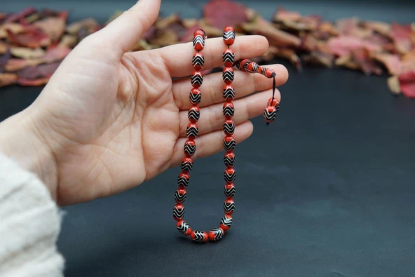 Zik Zag Model Gümüş İşlemeli Oltu Taşı Tesbih st000162 - Resim 7