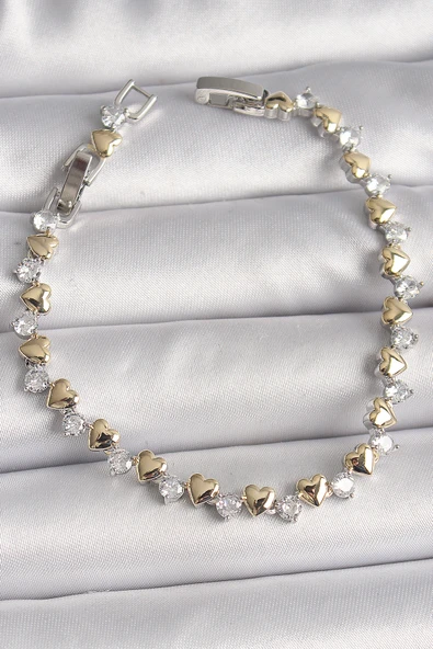 Pirinç Gümüş Renk Zirkon Taşlı Gold Kalpli VIP Seri Kadın Bileklik - TJ-BB6714 ürün görseli 1