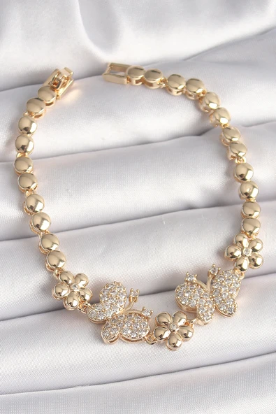 Pirinç Gold Renk Zirkon Taşlı Kelebek Figür Çiçek Zincir Model Kadın Bileklik - TJ-BB6826 ürün görseli 1