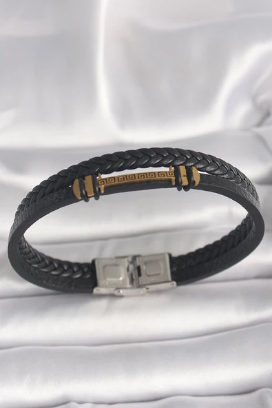 316L Çelik Gold Renk ZikZak İşlemeli Aksesuarlı Çift Sıra Burgu Desenli Deri Kordon Erkek Bileklik - TJ-EB3705 ürün görseli 1