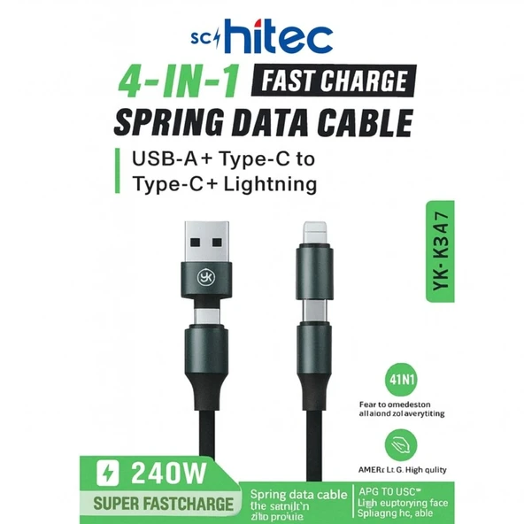 SChitec 4in1 240W Süper Fast UsbA Type-c Lightning Hızlı Şarj ve Data Kablosu  YK347 - Resim 4