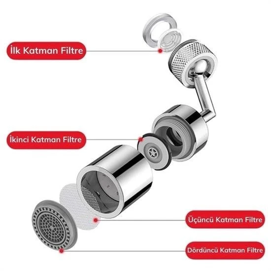 AMS NET®  720 Derece Dönebilen 4 Filtreli Tüm Musluk Tipleri İle Uyumlu Montaj Aparatlı Musluk Başlık - Resim 7