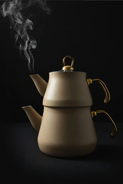 Granit Kaplama Gold Kulplu Cam Kapak Çaydanlık Krem 2,3 Litre + 1,20 Litre - Resim 5