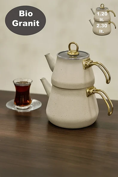 Granit Kaplama Gold Kulplu Cam Kapak Çaydanlık Krem 2,3 Litre + 1,20 Litre - Resim 7