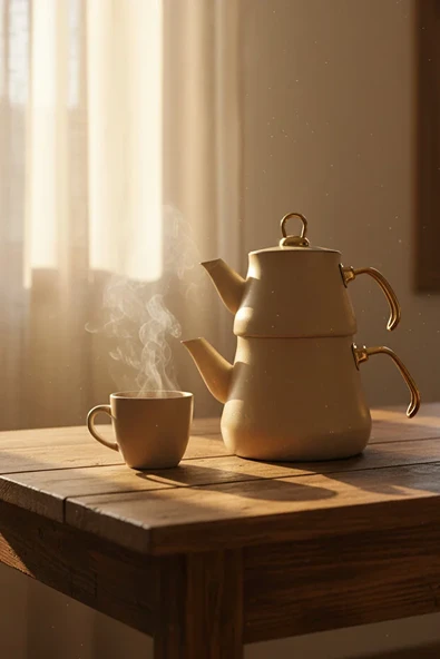 Granit Kaplama Gold Kulplu Cam Kapak Çaydanlık Krem 2,3 Litre + 1,20 Litre - Resim 2