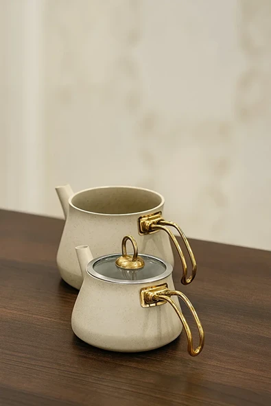 Granit Kaplama Gold Kulplu Cam Kapak Çaydanlık Krem 2,3 Litre + 1,20 Litre - Resim 6