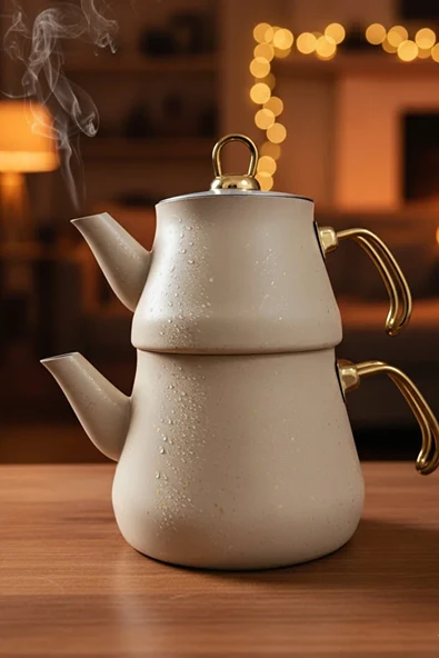 Granit Kaplama Gold Kulplu Cam Kapak Çaydanlık Krem 2,3 Litre + 1,20 Litre ürün görseli 1