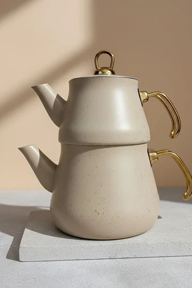 Granit Kaplama Gold Kulplu Cam Kapak Çaydanlık Krem 2,3 Litre + 1,20 Litre - Resim 4