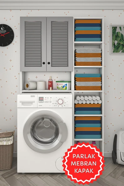 Kenzlife membran çamaşır makinesi dolabı veronikamaks gribyz panjur 180*096*20 mebran kapak MDF gövde kapaklı arkalıksız raflı ürün görseli 1