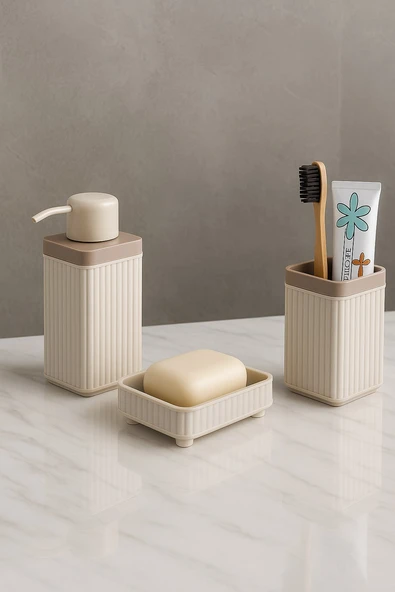 Lines Serisi Açık Gri Banyo Seti, 3 Parça Diş Fırçalık, Sıvı Sabunluk, Katı Sabunluk Aksesuar Takımı 3465 ürün görseli 1