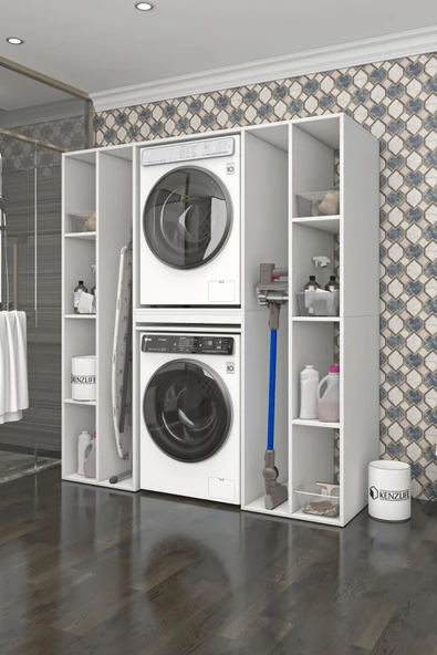 Kenzlife membran çamaşır-kurutma makinesi dolabı nazzam gribyz 187*170*60 çekmeceli raflı mebran kapak suntalam gövde banyo - Resim 2