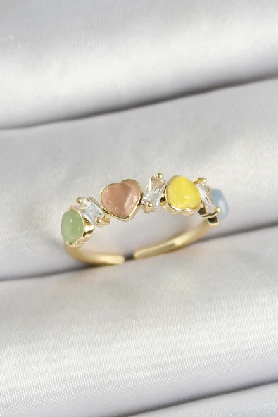 Pirinç Sıralı Kalp Figürlü Zirkon Taşlı Gold Renk Ayarlanabilir Kadın Yüzük - TJ-BYK3754 ürün görseli 1