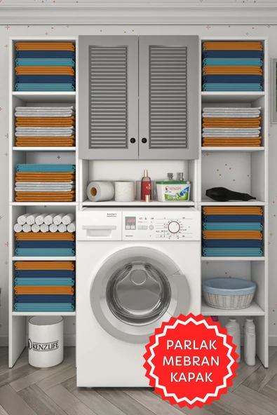 Kenzlife membran çamaşır makinesi dolabı sinemmaksduble gribyz panjur 180*126*30 mebran kapak suntalam gövde kapaklı arkalıklı raflı ürün görseli 1
