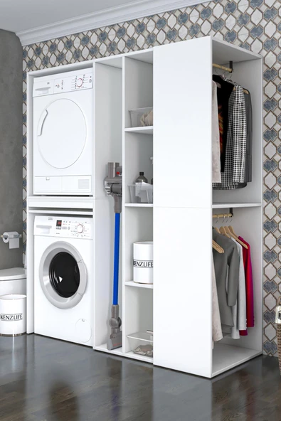 Kenzlife membran çamaşır-kurutma makinesi dolabı ve giysi dolabı çekmeceli eşari sağ byzbyz 187*160*60 mebran kapak MDF gövde - Resim 2