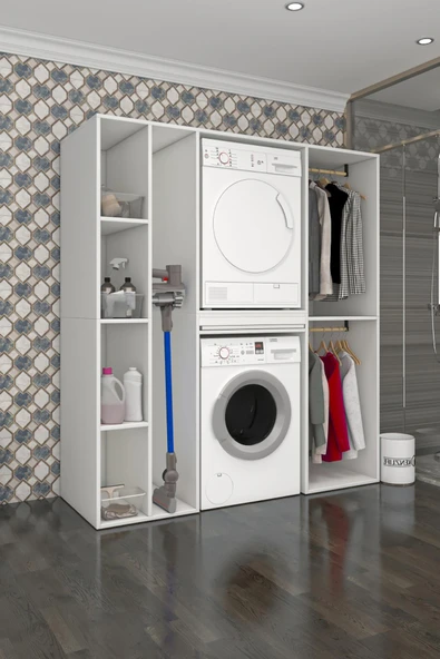 Kenzlife membran çamaşır-kurutma makinesi dolabı ve giysi dolabı suyuti sol gribyz 180*170*60 mebran kapak MDF gövde banyo - Resim 2