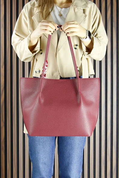 Erkan Saçmacı Bordo Vegan Manyetik Kapaklı Büyük Boy Günlük Omuz Çantası ve Askılı El Çantası - Resim 3