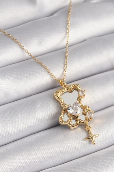 316L Çelik Gold Renk Zincir Ayna Ayıcık Model Zirkon Taşlı Kalp Model Kadın Kolye - TJ-BKO9626 ürün görseli 1