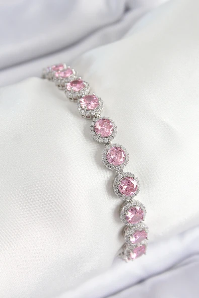 Pirinç Pembe Zirkon Taşlı Daire Baget Model Gümüş Renk VIP Seri Kadın Bileklik - TJ-BB7511 ürün görseli 1