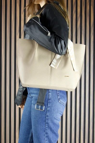 Erkan Saçmacı Kum Vegan Manyetik Kapaklı Büyük Boy Günlük Omuz Çantası ve Askılı El Çantası - Resim 7