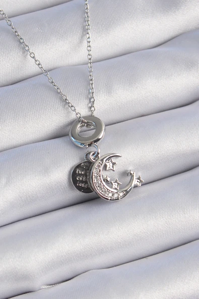 316L Çelik Gümüş Renk Zirkon Taşlı Ay Yıldız  Figür Charm Model Kadın Kolye - TJ-BKO9311 ürün görseli 1