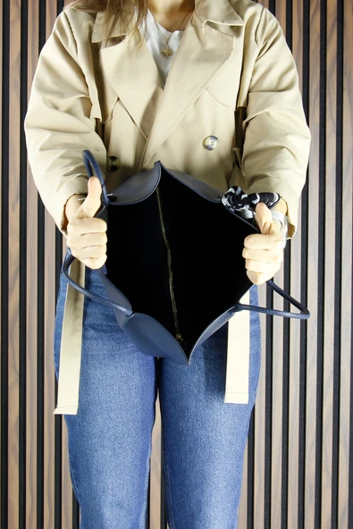 Erkan Saçmacı Lacivert Vegan Manyetik Kapaklı Büyük Boy Günlük Omuz Çantası ve Askılı El Çantası - Resim 5