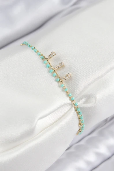 Pirinç Zirkon Taşlı Mavi Boncuklu Model Gold Renk Kadın Bileklik - TJ-BB7599 ürün görseli 1