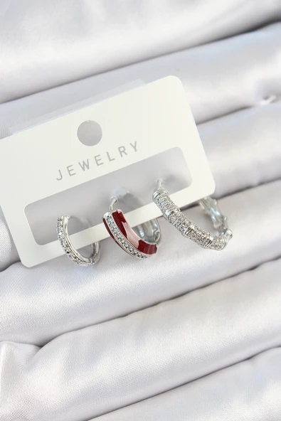 Pirinç Zirkon Taşlı Bordo Pembe Halka Model Gümüş Renk 3'lü Çift Kadın Küpe Set - TJ-BKP10791 ürün görseli 1