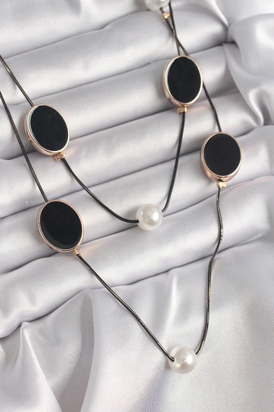 Pirinç Siyah Renk Zincir İnci Detaylı Çoklu Kadın Kolye - TJ-BKO9621 ürün görseli 1