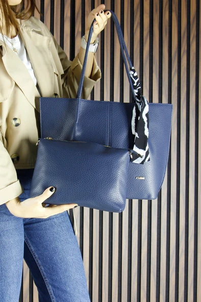 Erkan Saçmacı Lacivert Vegan Manyetik Kapaklı Büyük Boy Günlük Omuz Çantası ve Askılı El Çantası - Resim 6