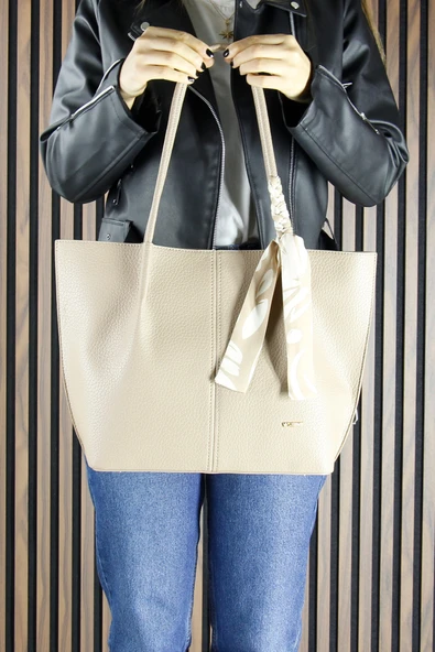 Erkan Saçmacı Kum Vegan Manyetik Kapaklı Büyük Boy Günlük Omuz Çantası ve Askılı El Çantası - Resim 3