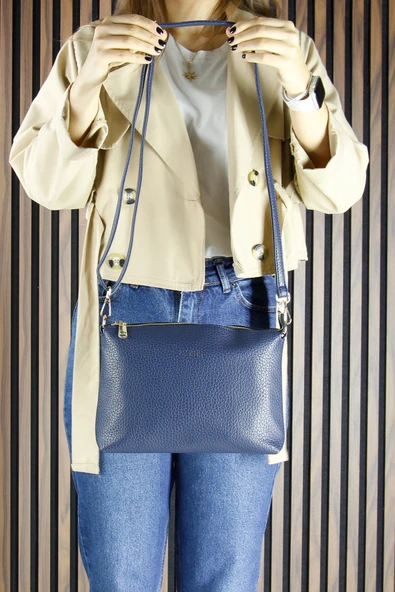 Erkan Saçmacı Lacivert Vegan Manyetik Kapaklı Büyük Boy Günlük Omuz Çantası ve Askılı El Çantası - Resim 4