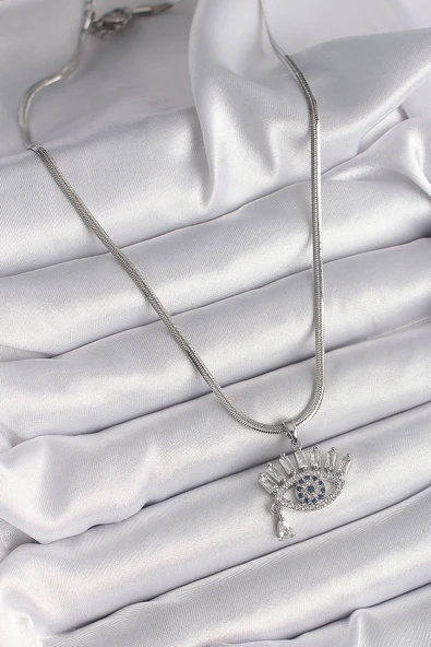 316L Çelik Gümüş Renk İtalyan Zincir Zirkon Taşlı Göz Model Kadın Kolye - TJ-BKO9598 - Resim 2