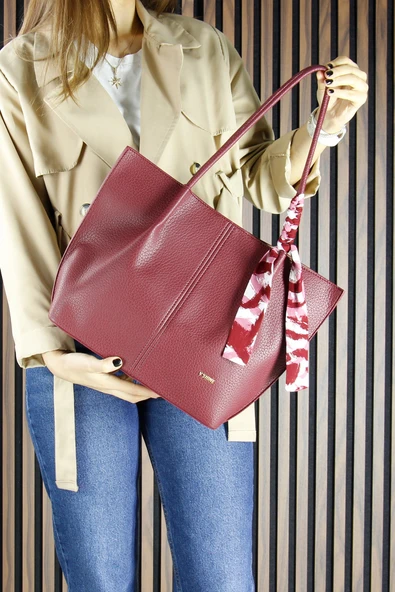 Erkan Saçmacı Bordo Vegan Manyetik Kapaklı Büyük Boy Günlük Omuz Çantası ve Askılı El Çantası - Resim 6