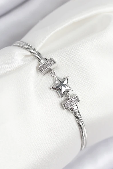 Pirinç Zirkon Taşlı Yonca Model Gümüş Renk Kadın Bileklik - TJ-BB7898 ürün görseli 1