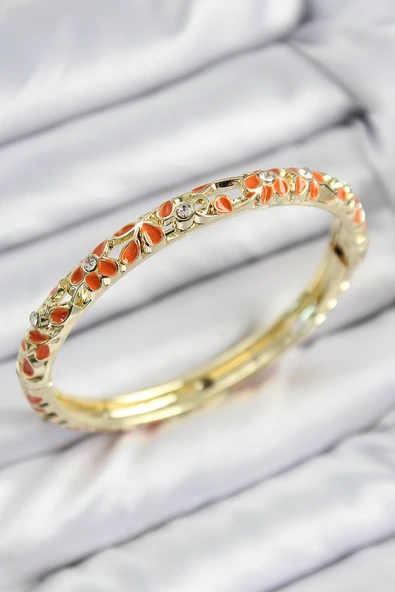 Mineli Pirinç Zirkon Taşlı Turuncu Çiçek Motifli Gold Kadın Kelepçe - TJ-BB7761 ürün görseli 1