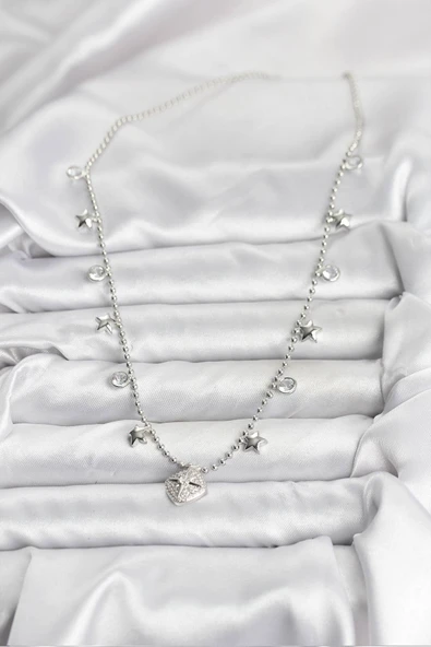 Pirinç Gümüş Renk Zirkon Taşlı Kutup Yıldızı Model Kadın Kolye - TJ-BKO10657 - Resim 2