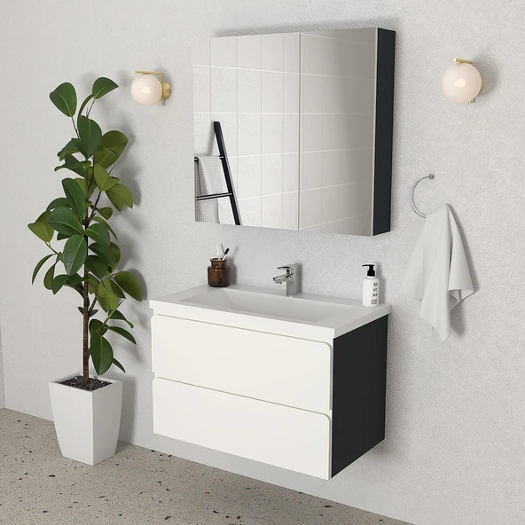 Teta Home Granada 80 cm MDF Gövde Membran Kapak Banyo Dolabı Seti  Antrasit-Beyaz ürün görseli 1