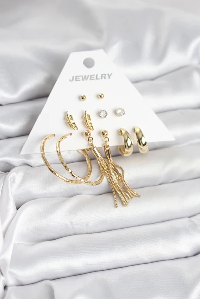 Gold Renk Pirinç Kadın 6 Çift Küpe Seti - TJ-BKP11317 ürün görseli 1