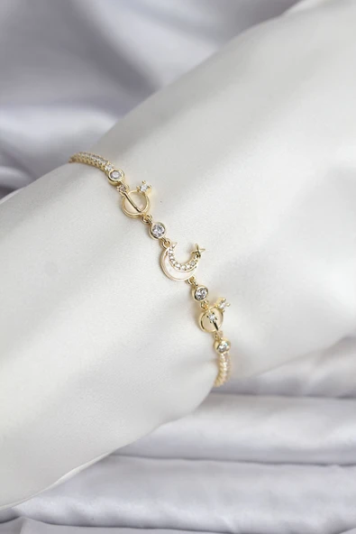 Charmlı Model Zirkon Taşlı Gold Renk Su Yolu Kadın Bileklik - TJ-BB8108 ürün görseli 1