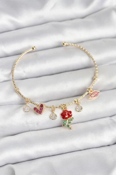Gül Charmlı Gold Renk Pirinç Kadın Bileklik - TJ-BB8043 ürün görseli 1