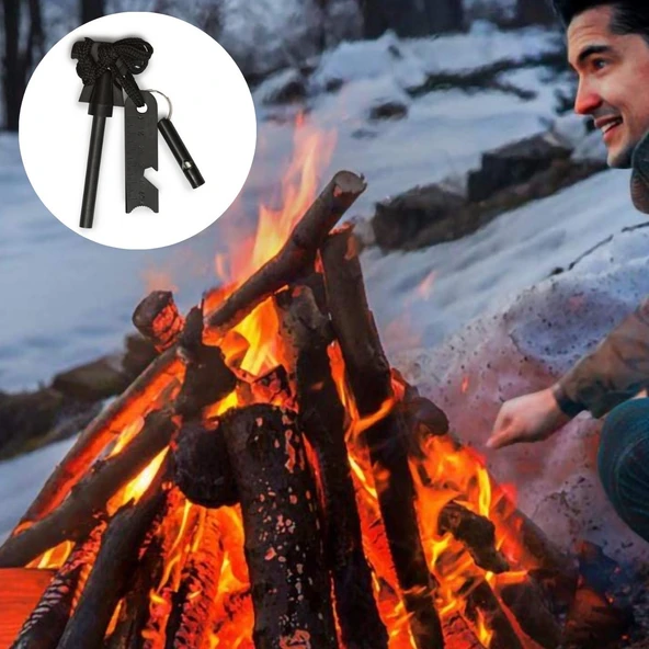 Acil Durum Magnezyum Çubuk Çakmaktaşı Hayatta Kalma Ateş Başlatıcı Çakmak Kiti Düdük Hediyeli (5332) - Resim 3