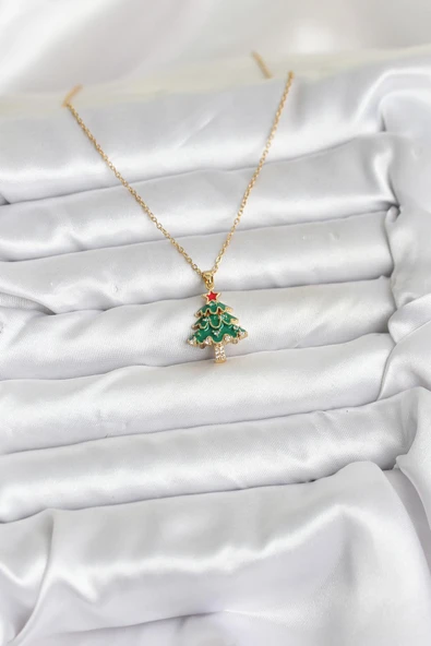 316L Çelik Zincir Gold Renk Çam Ağacı Model Yılbaşı Temalı Kadın Kolye - TJ-BKO10720 - Resim 2